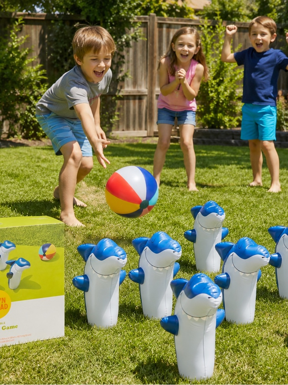 NEW Sun Squad Inflatable Shark Bowling Game Complete in Box Backyard Party Fun